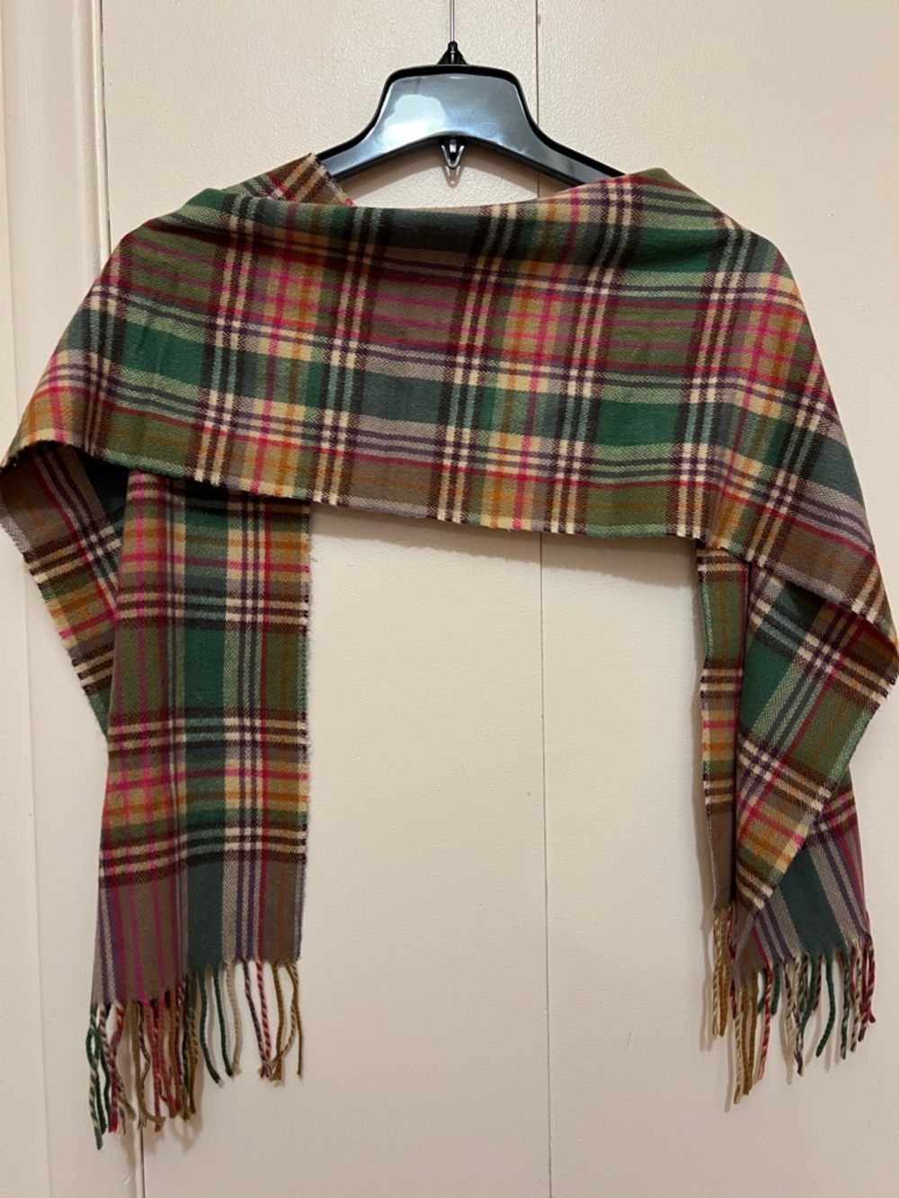 Cashmere Made in Italy Plaid Fringe Scarf in Green, Pink & Tan